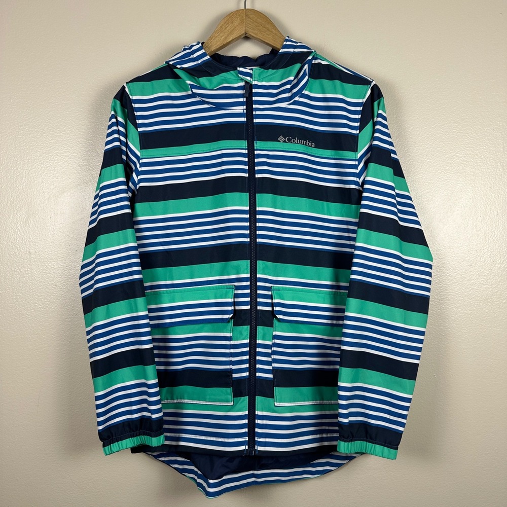 Columbia Boys L 14/16 Windbreaker Blue Green Striped Hooded Jacket‎